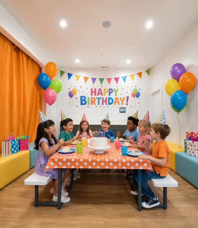 Kids celebrating around the cake in a Funrise private party room
